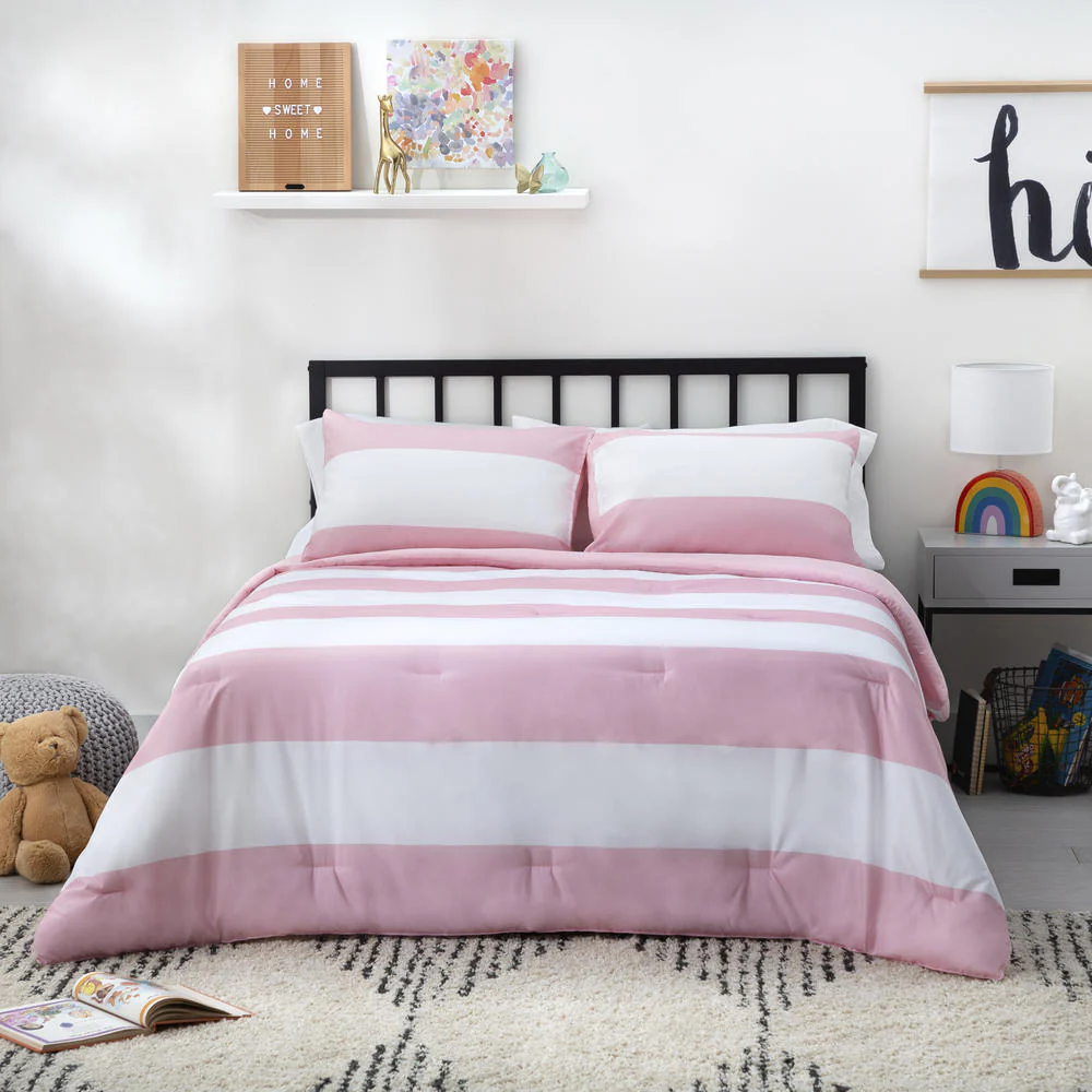 Linenspa All-Season Reversible Down Alternative Oversized Queen Comforter – Pink Rugby Stripes - Image 3